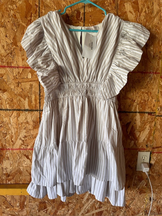 Dresses & Skirts - Girls' Neutral Stripe Ruffle Sleeve Dress
